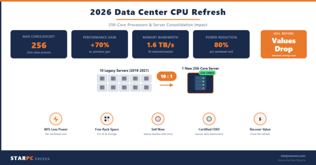 cpu-refresh-featured 2026 data center CPU refresh infographic showing 256-core processor consolidation and server retirement process by StarPC Excess