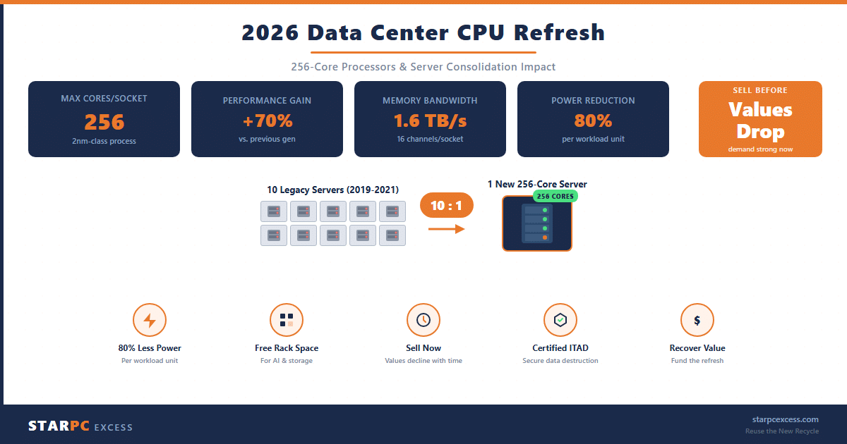 cpu-refresh-featured 2026 data center CPU refresh infographic showing 256-core processor consolidation and server retirement process by StarPC Excess