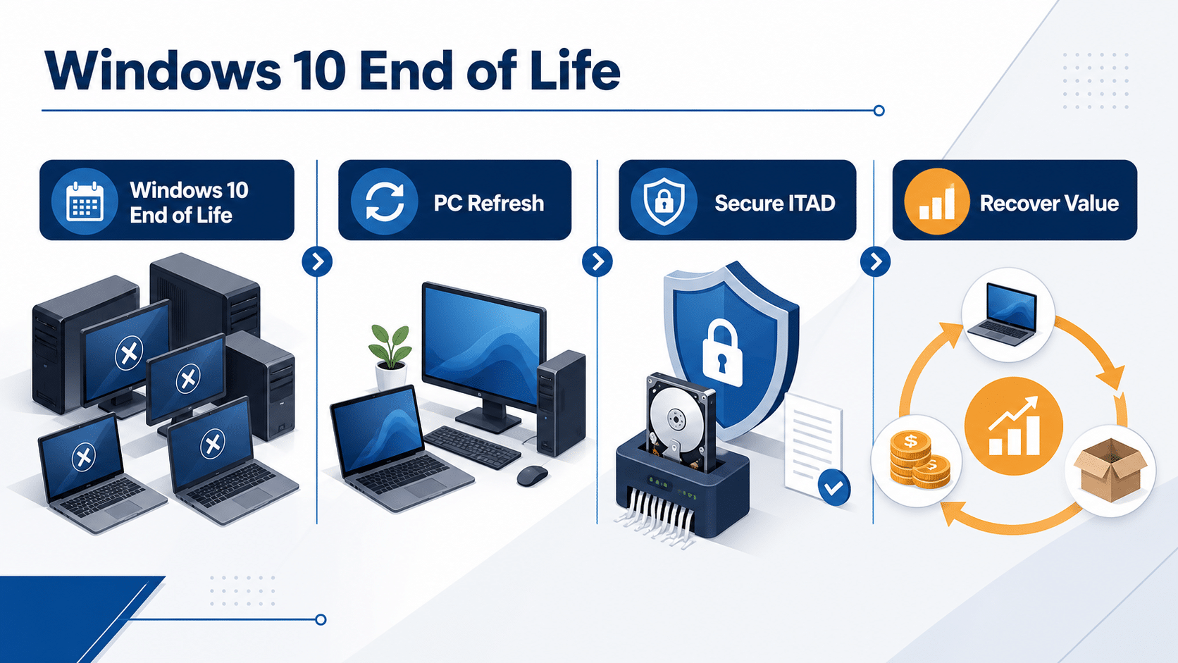 Windows 10 End of Life PC Refresh and Secure ITAD Windows 10 end-of-life PC refresh infographic showing secure IT asset disposition and recovered value